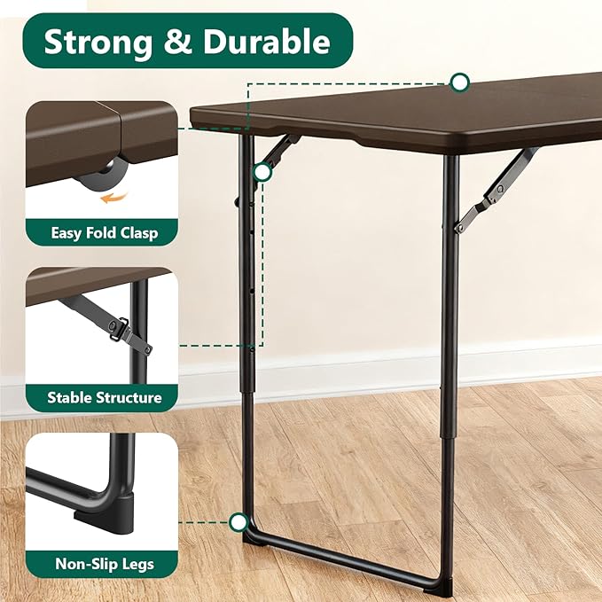 Folding Table 4ft - Heavy Duty Fold-in-Half Plastic Table with Adjustable Height, Portable Utility Tables with Steel Legs for Indoor, Outdoor, Picnic, Camping, Dining, Party(Brown)