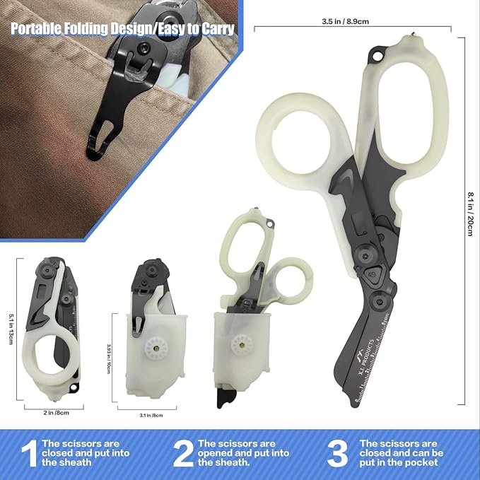 6 in 1 Multifunctional Trauma Shears Foldable with Strap Cutter | Heavy Duty Stainless Steel Emergency Response & Survival Shears With Holster | Medical Trauma shears Tactical | Black Luminous