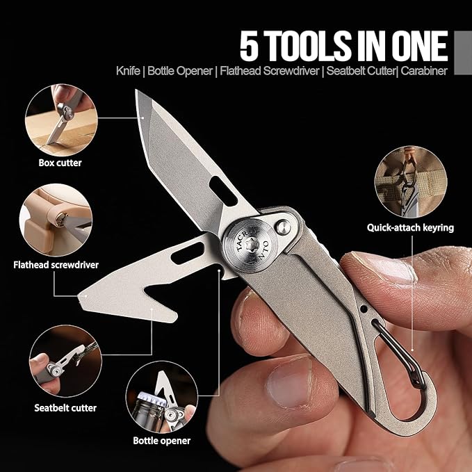 TACRAY Vinto 5-in-1 Titanium Small Pocket Knife – Ultra-Light Mini EDC Multitool Utility Knife with Folding Blade, Seatbelt Cutter, Bottle Opener & Screwdriver, Compact Everyday Carry