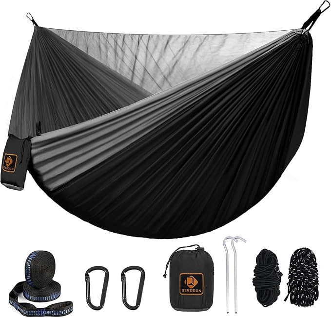 Camping Hammock with Mosquito Net,Lightweight 210T Nylon Hammocks,Portable Hammock with 10ft Tree Straps,Camping Gear Must Haves for Travel Hiking Backpacking Beach Patio-Black&Grey