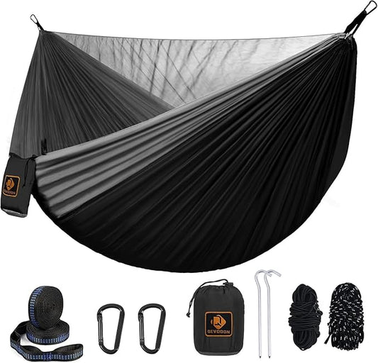 Camping Hammock with Mosquito Net,Lightweight 210T Nylon Hammocks,Portable Hammock with 10ft Tree Straps,Camping Gear Must Haves for Travel Hiking Backpacking Beach Patio-Black&Grey