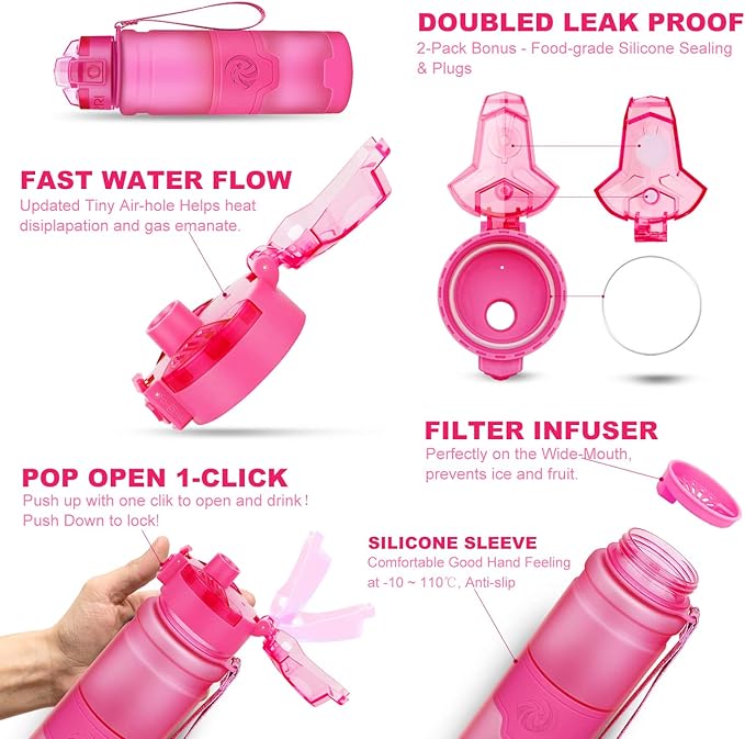 ZORRI Sports Water Bottle, 400/500/700ml/1L, BPA Free Leak Proof Tritan Lightweight Bottles for Outdoors,Camping,Cycling,Fitness,Gym,Yoga- Kids/Adults Drink Bottles with Filter, Lockable Pop Open Lid