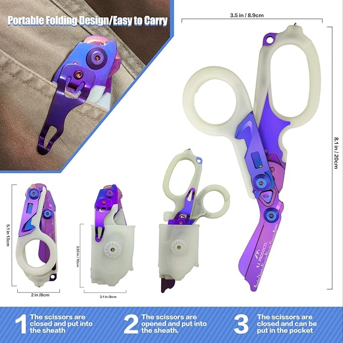 6 in 1 Multifunctional Trauma Shears Foldable with Strap Cutter | Heavy Duty Stainless Steel Emergency Response & Survival Shears With Holster | Medical Trauma shears Tactical | Purple