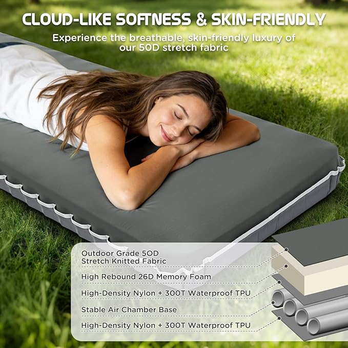 Elegear Air & Foam Self-Inflating Sleeping Pad, CumbreX™ 4" Ultra-Thick Memory Foam Camping Mattress Pad with Air Pump, Compact R-Value 9.5 4-Season Camp Mat for Travel Outdoor - Single Grey