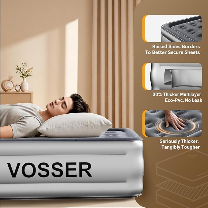VOSSER Twin Air Mattress with Built in Pump,18” Raised Blow Up Mattress,Inflatable Mattress in 2 Mins,Single Twin Size Air Mattress for Camping,Floor&Travel, Air Bed for Adults,330LB Max