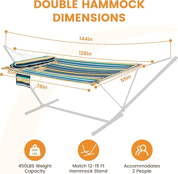Lazy Daze Hammocks 2 Person Double Quilted Fabric Hammock with Spreader Bar, Detachable Pillow, Side Pocket, Carabiners, Chains, Straps for Outdoor, 450lbs Capacity, Beach Stripes