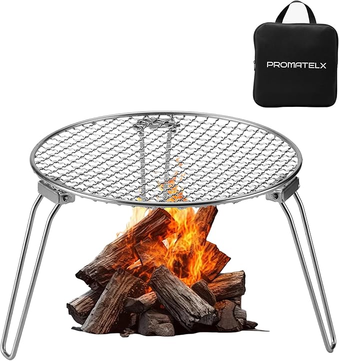 RROMATELX Small Folding Camping Grill，304 Stainless Stee Portable Camping Stove，Campfire Grate，Heavy Duty Rack Camping with Carrying Bag for Outdoor Cooking Backpacking Hiking Picnic BBQ