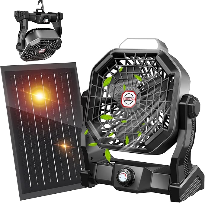 JINLICTE 20000mAh Solar Fan with LED Lantern, Camping Fan with 7W Solar Panel, Rechargeable Powered for Outside, Quiet Battery Operated Tent Fan for Picnic, Barbecue, Fishing, Travel