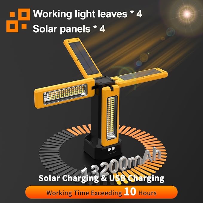 iodoo 13200mAh Rechargeable Solar Work Light, IPX4 Waterproof with Folding Stand Support and Portable Carrying Bag, 8000 Lumen Stepless Dimmable, 4 Lighting Modes, White/Warm/Warm White (No Tripod)
