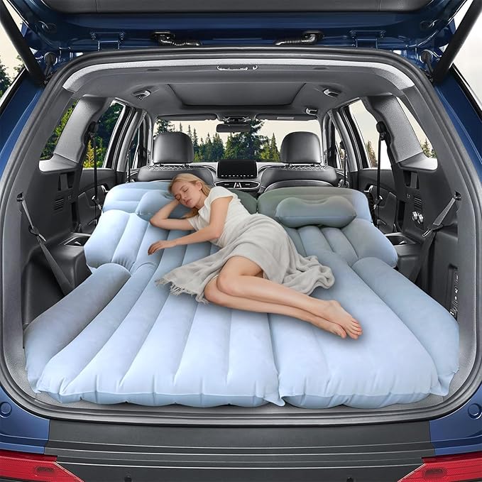 Onirii Inflatable SUV Air Mattress,Thickened Flocking Car Travel Camping Bed with 2 Pillows & Air Pump,Portable Car Sleeping Mattress for SUV Trunk and Rear