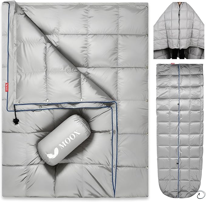 MOOX Down Camping Blanket - Packable Down Camping Quilt Backpacking Lightweight Waterproof Outdoor Hiking Stadium Warm Puffy Sleeping Bag 55"x79" Water Resistant Camp Travel Blanket, Gray Blue