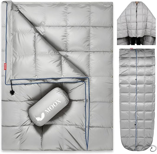 MOOX Down Camping Blanket - Packable Down Camping Quilt Backpacking Lightweight Waterproof Outdoor Hiking Stadium Warm Puffy Sleeping Bag 55"x79" Water Resistant Camp Travel Blanket, Gray Blue