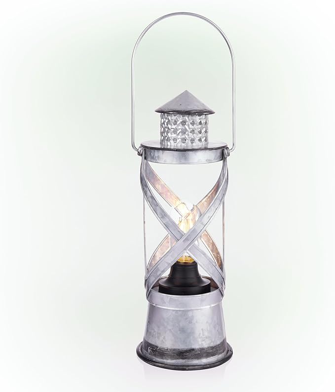 Alpine Corporation 15" H Indoor/Outdoor Vintage Metal Lantern with LED Lights, Silver