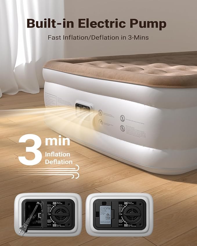 iDOO Queen Air Mattress with Built in Pump, Upgraded Inflatable Blow up Mattress for Camping, Home & Guest, Durable Comfort Wave Beam Strong Support Air Bed Queen Size, Colchones Inflables