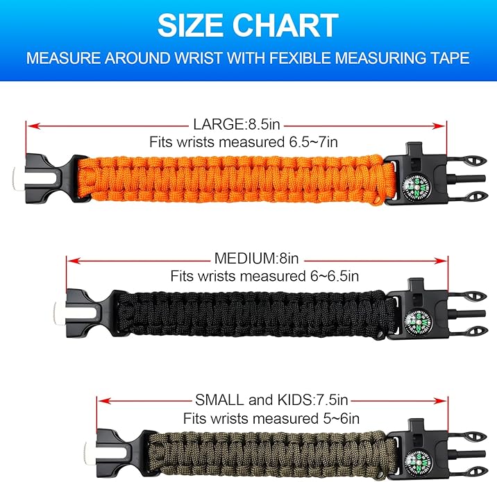 aiGear Survival Bracelet Set 3 Pack with Compass & Whistle, Camping, Hiking Emergency Gear (Black, Green, Orange)