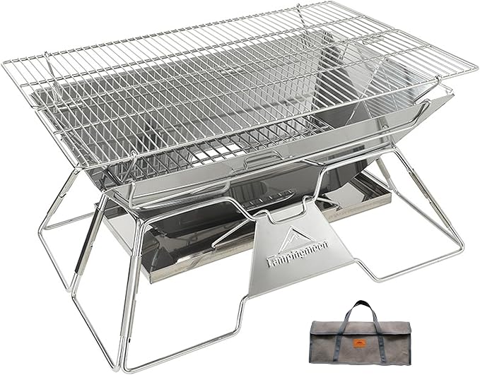 CAMPINGMOON Large Portable Campfire Fire Pit BBQ Grill Stainless Steel Foldable Collapsible Wood Burning Charcoal Grill for Heavy Duty Outdoor Cooking RV Camping, 20x13-inch, Carry Bag included MT-3