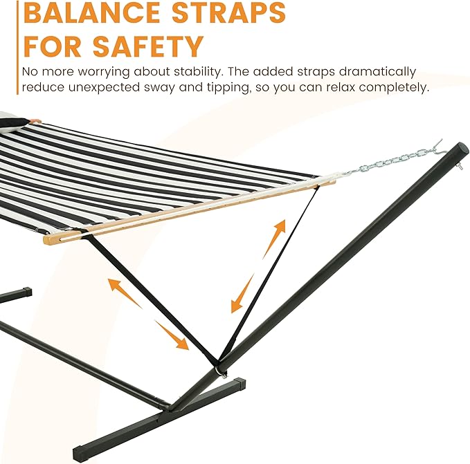 Lazy Daze Hammocks 2 Person Hammock with 12FT Stand for Outside, Quilted Double Hammock with Detachable Pillow, Balance Strap & Carrying Bag Included, 450lbs Capacity, Black Stripes