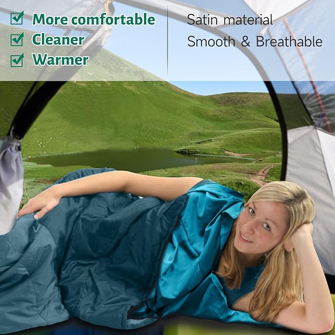 Ultralight Sleeping Bag Liner, Satin Sleep Sack, Comfy Breathable & Cooling & Silky Soft liner, Travel Sheets & Adult Sleep Sack with 2 Way Zipper, Ideal for Backpacking, Hotel, Camping, Hostels
