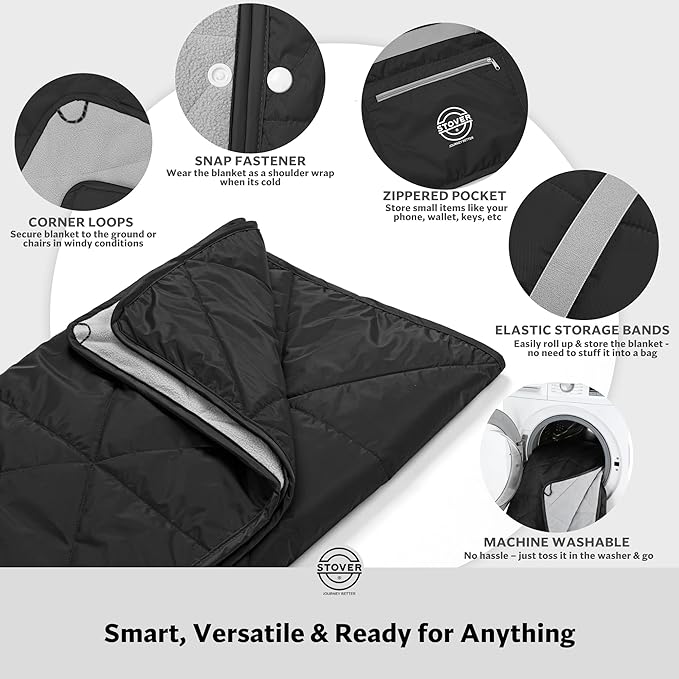 STOVER Large Waterproof Outdoor Stadium Blanket- Extra Thick Soft Fleece Camping Blanket for Travel, Picnics, Sports, Dogs- 79"x55", Warm, Windproof, Sand-Proof, Lightweight, Packable (Stadium Black)