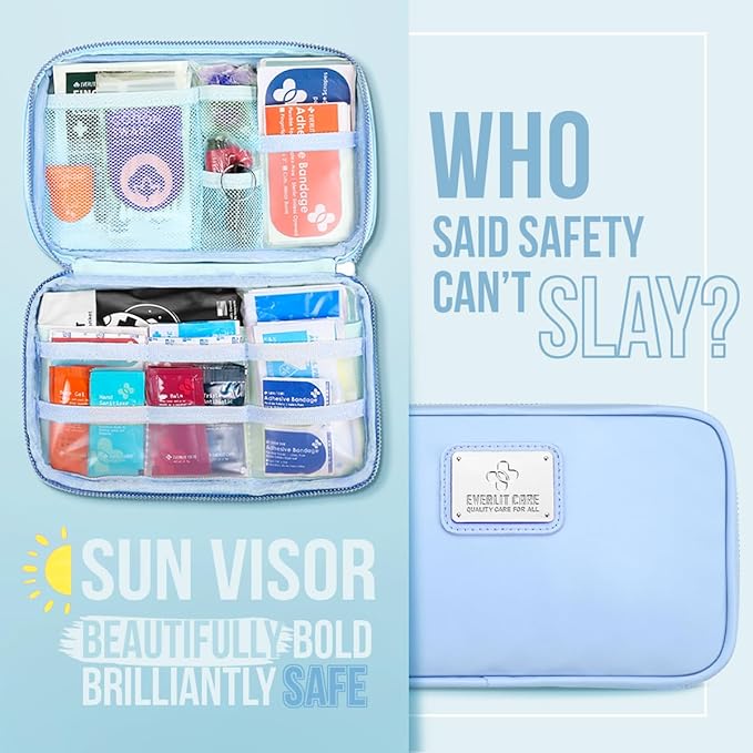 EVERLIT CARE Car First Aid Kit with Emergency Supplies Survival Gear Including Window Breaker Disposable Urine Bag Mountable Survival Kit for Family Travel in Car (Cyan)