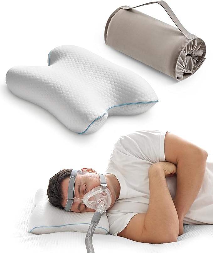 Elviros Portable CPAP Pillow for Side & Back Sleepers, Travel Sleep Apnea Pillow with Adjustable Height to Relieve Neck Pain, Reduce Mask Leaks & Pressure, Includes Travel Bag for Camping, Hotels