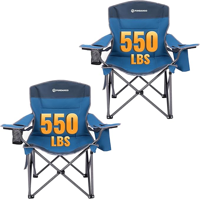 FUNDANGO Oversized Camping Chairs for Adults, Heavy Duty Fold Up Sports Games Lawn Chairs, Extra Wide Big Man Outdoor Chairs with Padded Lumbar Support Backrest, Bag Included for Camp, Beach, 2 Pack
