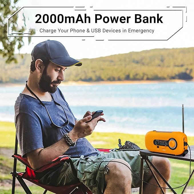 Solar Hand Crank Emergency Radio - 2000mAh Portable Weather Radio with AM/FM/NOAA, 3-Mode Flashlight, SOS Alarm & Cell Phone Charger for Outdoor & Home Use