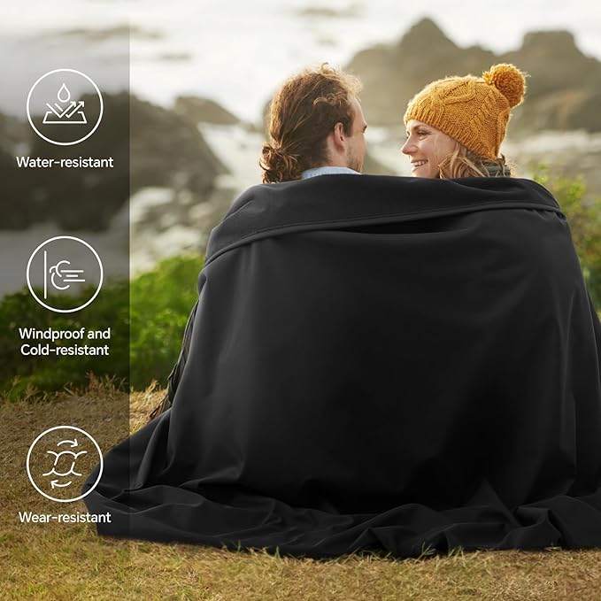 BEDELITE Large Waterproof 315GSM Camping Blanket 2.75LB, Lightweight Packable Blanket for Car, Foldable Fleece Stadium Blanket for Outdoor Sports, Wearable, Machine Washable, 55" x 80" Twin,Black
