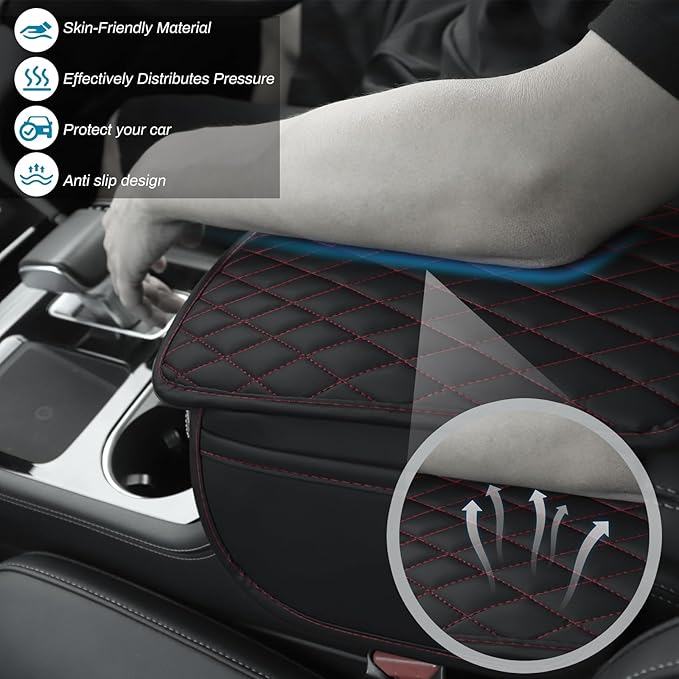 Ouzorp Car Center Console Cover, Upgraded Microfiber Leather Car Arm Rest Cover with 2 Storage Bags, Universal Armrest Cover for Car Storage Box Protector for Most Vehicle-Black with red line