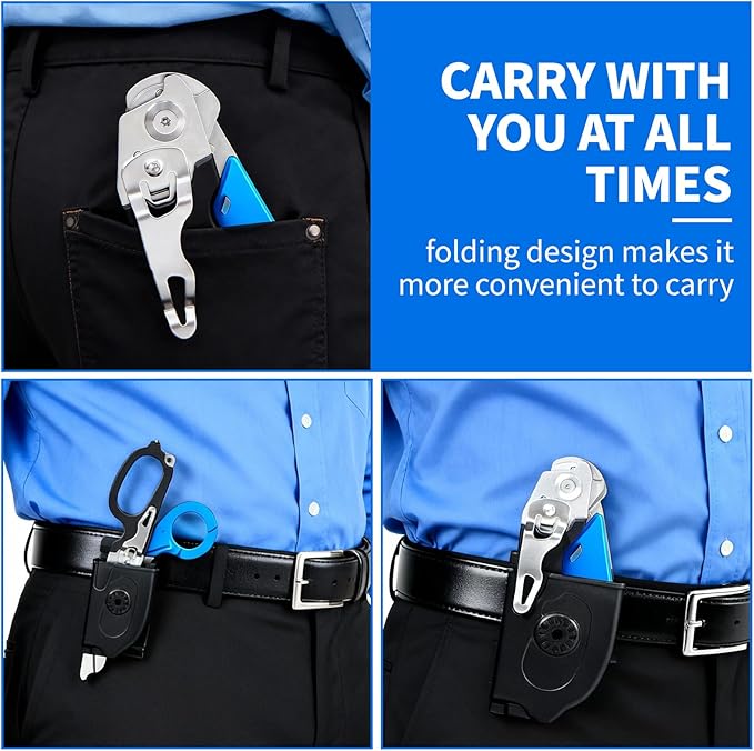 Folding Trauma Shears for EMT Accessories, 6 in 1 Multi-function Medical Shears with Holster for Outdoor Camping, Emergency Rescue, First Responders (Black-Blue)