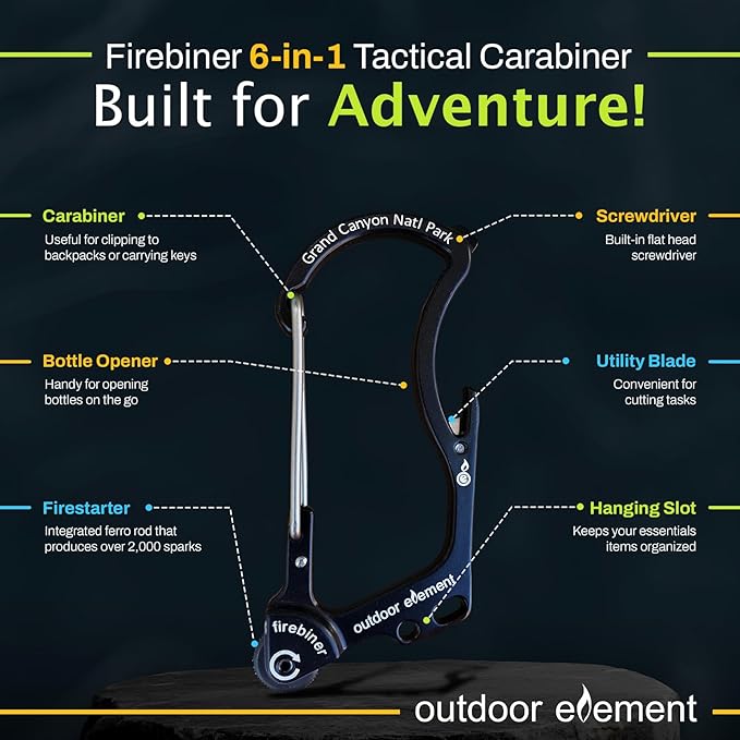 OUTDOOR ELEMENT Firebiner Custom Engraved 6-in-1 Fire Starter Carabiner Multitool – Survival Gear EDC Keychain with Utility Blade, Bottle Opener, Screwdriver, Emergency Tool