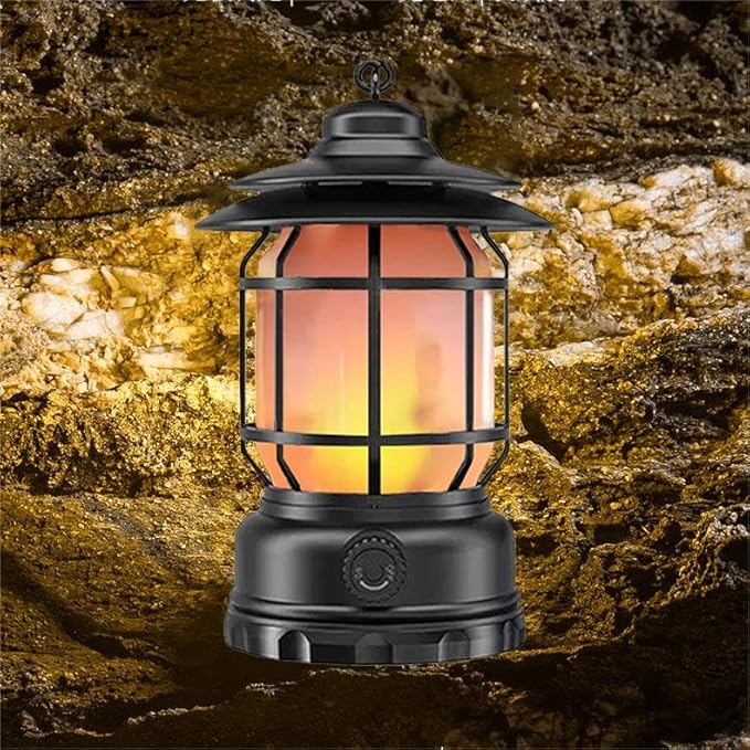 Rechargeable Camping Lantern, Flame Decorative Table Lamp, 2 Modes LED Lights with Hooks, Dimmable, Vintage Style, Portable Camping Light for Indoor/Outdoor Use