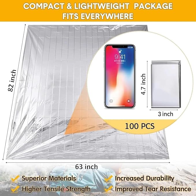 Emergency Survival Blanket, Mylar Thermal Blanket, Gigantic Space Blanket 82" x 63" (5)