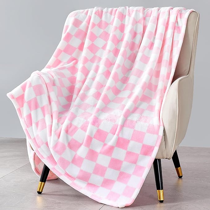 Edenleaf Pink Checkered Blanket, Ultra Soft Fleece Checkered Throw Blankets for Couch Bed and Travel, Luxury Throws for All Seasons, 60x80 Inch, Pink
