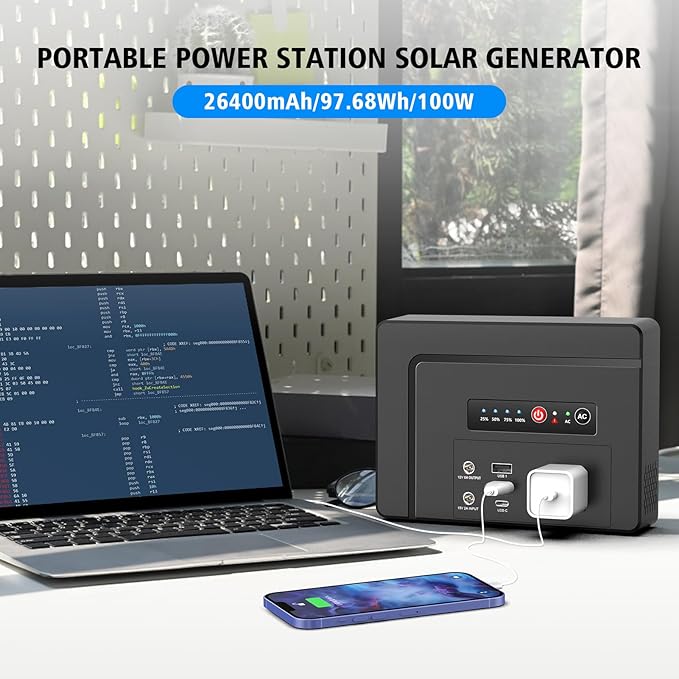 powkey Portable Power Station 100W Rated, 97Wh Small Portable Generator with AC Outlet 110V/PD 65W USB C Fast Charging, 26400mAh Laptop Charger Power Bank for Outdoor Camping Home Battery Backup