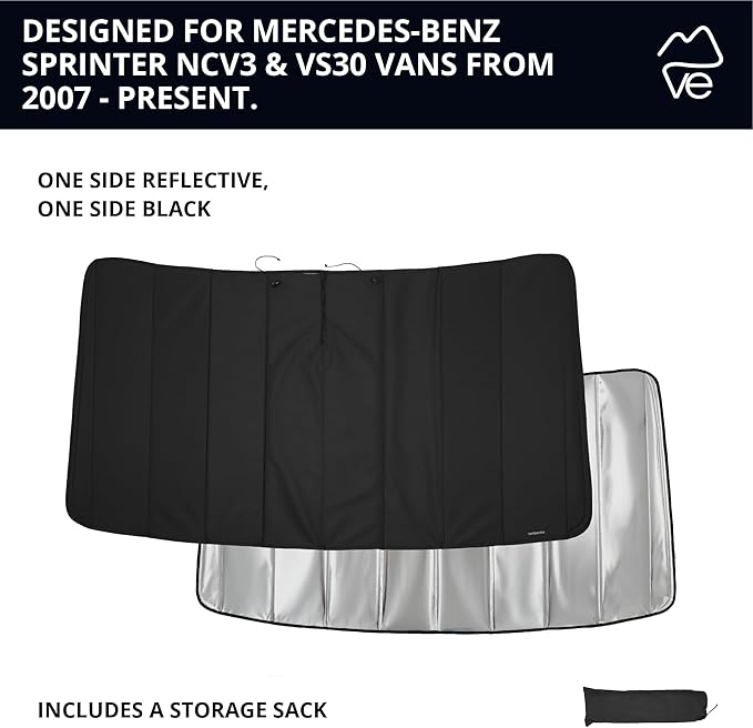 VanEssential Insulated Reflective Blackout Window Cover Designed for Mercedes-Benz NCV3 & VS30 (Van Years 2007 to Current), Front Windshield, Black Reflective