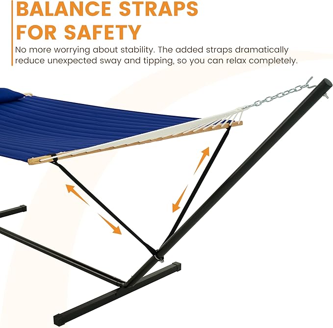 Lazy Daze Hammocks 2 Person Hammock with 12FT Stand for Outside, Quilted Double Hammock with Detachable Pillow, Balance Strap & Carrying Bag Included, 450lbs Capacity, Tool-Free Assembly, Navy Blue