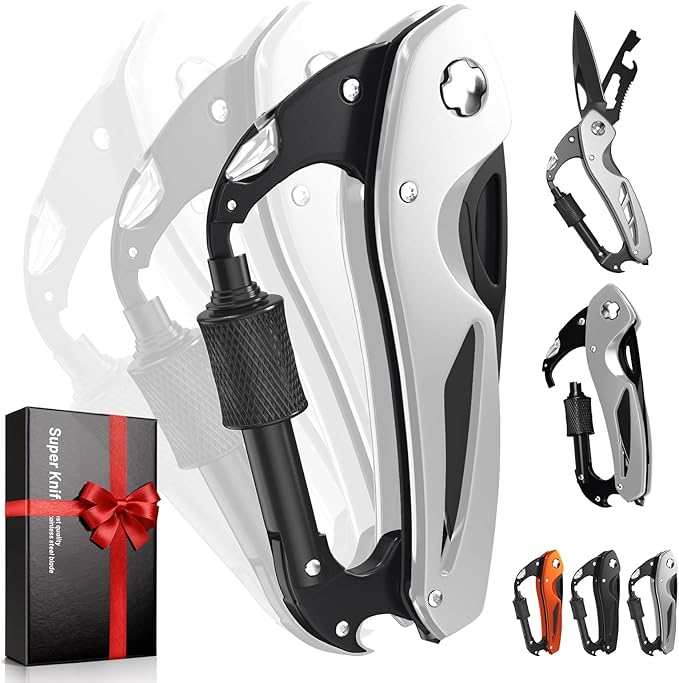 Carabiner Multitool 9-in-1 EDC Pocket Knife, Hexwrench, Saw, Screwdriver, Bottle Opener, Breaker, Survival Gear for Camping Climbing, Gifts for Men Women, Stocking Stuffers (Silver)