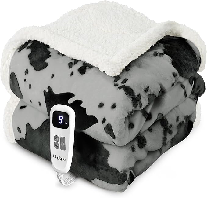 Heated Blanket Throw Blanket - Fast Heating Electric Blanket, Soft Flannel Heated Throw with 4 Time Settings,10 Heating Settings, Warm Gifts for Women & Mom & Grandma(50"x60"Cow Print Grey)