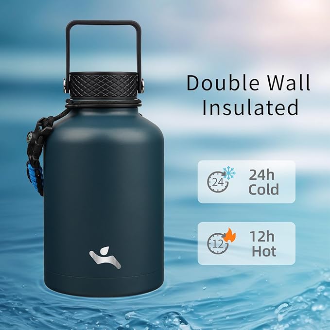Konokyo Insulated Water Bottle with Straw,50 oz 3 Lids Water Jug with Carrying Bag,Paracord Handle,Double Wall Vacuum Stainless Steel Metal Flask,Navy Blue