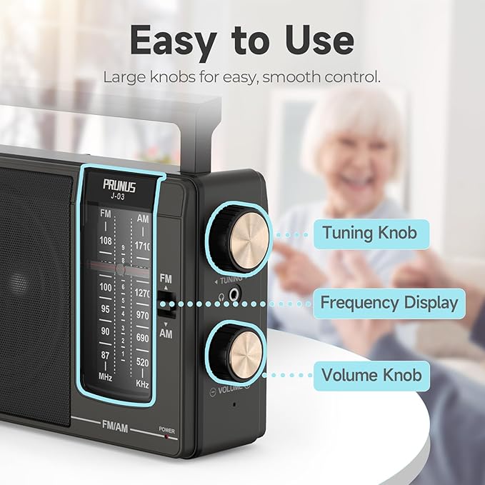 PRUNUS J03 AM FM Radio Portable Plug in Wall or AA Battery Operated for Home/Outdoor, Large Speaker Excellent Sound, Excellent Reception 19.5 ant,Large Tuning Knobs,Gifts for Seniors,No,Internet Radio