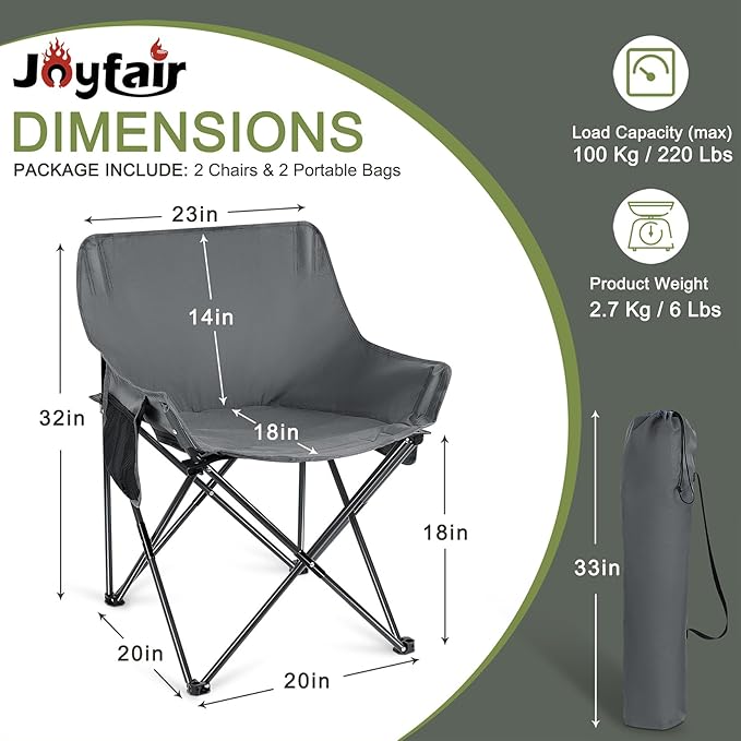 Joyfair Outdoor Camping Chair for Adult, Large Portable Folding Moon Chairs with Carry Bag for Patio Beach, Fishing, Lawn and More Outdoor Sports, 600D Oxford Fabric & Heavy Duty Steel (2, Grey)