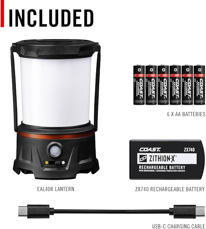 COAST EAL40R 2500 Lumen Rechargeable Emergency Camping Lantern with Red Flashing Mode, Carabiner, Diffuser, Foldeable Handle, Moonglow™ Low Mode, Illuminated Power Button, USB-C Power Bank