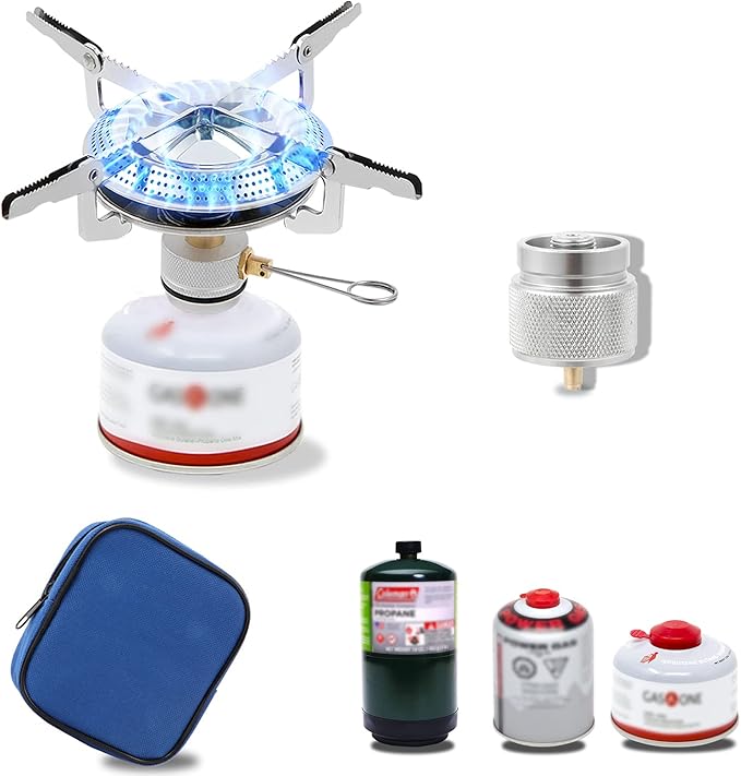 Backpacking Stove Portable Camping Stove Burner, Caudblor Small Backpack Stoves with Butane Adapter, Lightweight Hiking Stove with Carrying Case for Travel, Little Father's Day gifts Camp Stove