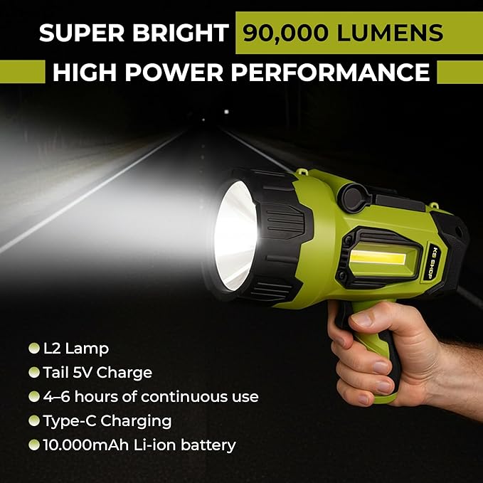Camping Lantern Rechargeable - Led Spotlight Flashlight 90,000LM With 10,000mAh (6 To 12 Hours Of Runtime) - Usb-c Fast Charging- Outdoor Handheld Spotlight For Camping, Flash Lights For Emergency