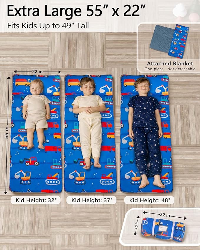 Primlect Thickened Toddler Nap Mat with Removable Pillow and Minky Blanket, Extra Large 55''x35'' Sleeping Bag, Washable, Roll up, Perfect for Daycare, Preschool, Kindergarten, Boys and Girls Blue Car