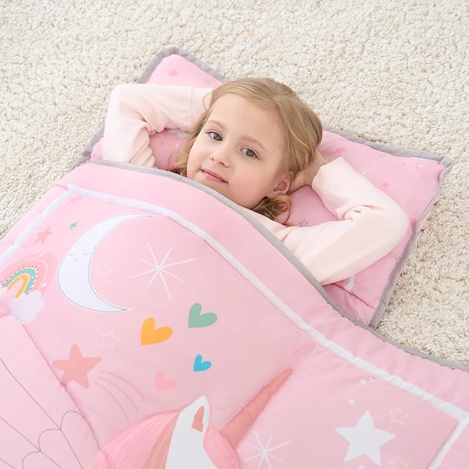 UOMNY Toddler Nap Mat - 1 Pack Girls Sleeping Bag with Removable Pillow - Unicorn 53x21Inch Kids Preschool Nap Sack with Pillow Pink Girls Napper Nap Mats for Daycare Napping Bag for Girls
