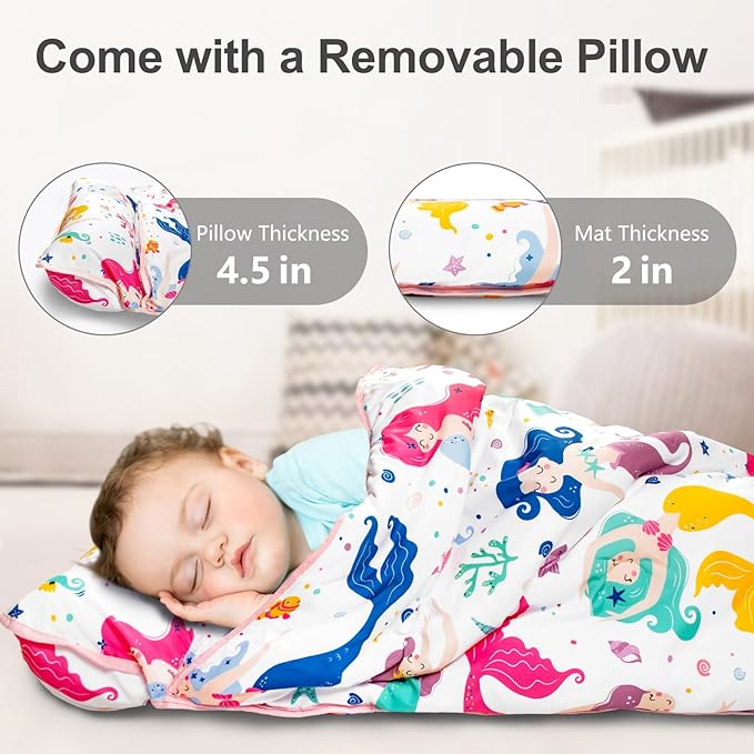 Primlect Thickened Toddler Nap Mat with Removable Pillow and Minky Blanket, Extra Large 55''x35'' Sleeping Bag, Washable, Roll up, Perfect for Daycare, Preschool, Kindergarten, Boys and Girls Mermaid