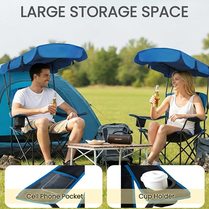 FAIR WIND 2 Pack Portable Canopy Camping Chair 380 LBS Capacity Heavy Duty Oversized Folding Lawn Chair with Sunshade for Beach, Fishing, Sports & Outdoors