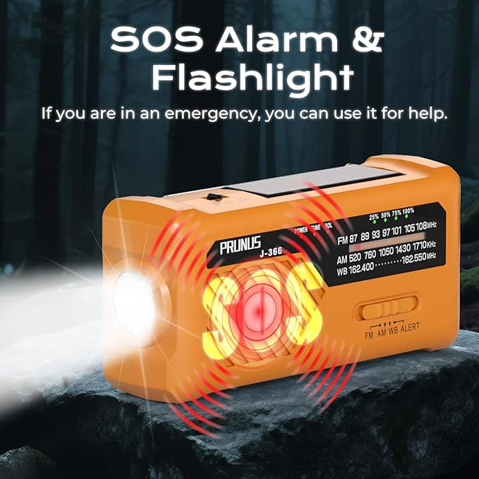 PRUNUS J-366 Emergency Radio with 3 Charging Cables, NOAA Weather Alert, 7400mWh/Solar/Hand Crank/USB-C Charging, Battery Operated, WB/AM/FM, SOS Alarm, Flashlight, Compact for Bag, NOAA Radio